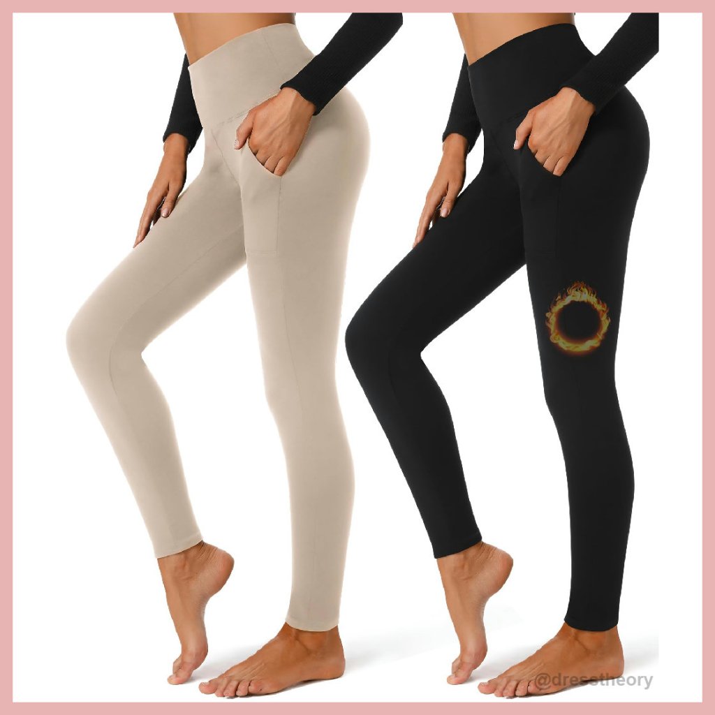 Fleece Lined Leggings With Pockets High Waisted Thermal Yoga Pants 2 Pack